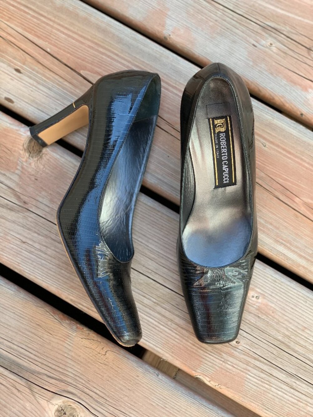 Vintage 90s Square Toe Pumps Black Textured Patent Leather High Block Heel Shoes